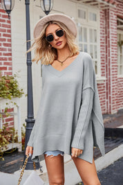 Slit V-Neck Dropped Shoulder Sweater | Sweaters Daverri Fashions