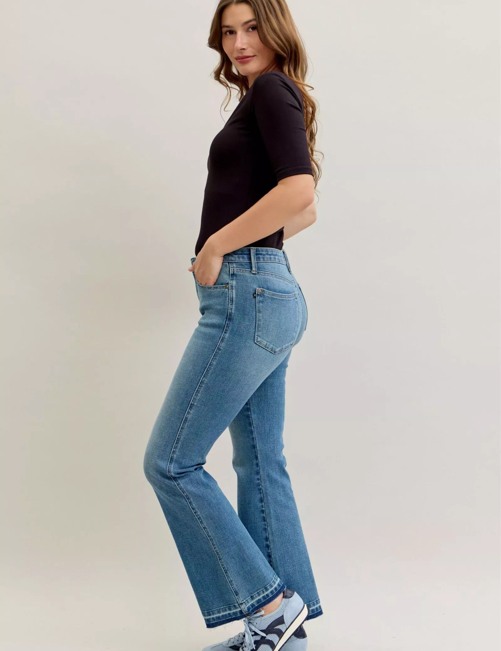 Judy Blue Full Size Mid Rise Slim Bootcut Tummy Control Release Hem Jeans Plus Size | Jeans Daverri Fashions