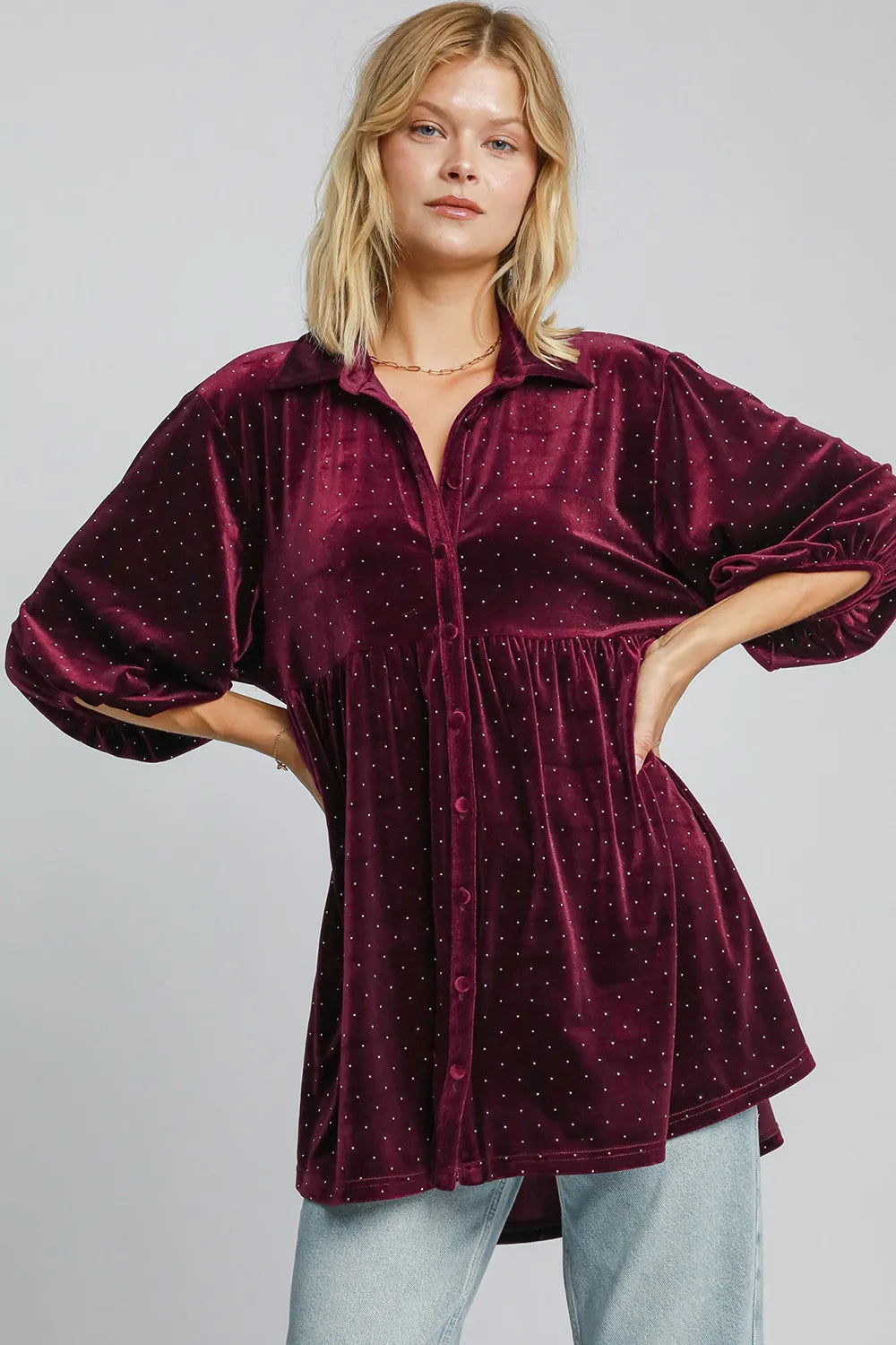 Burgundy Umgee Full Size Polka Dot Button Up Half Sleeve Shirt | Daverri Fashions
