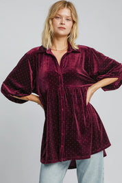 Burgundy Umgee Full Size Polka Dot Button Up Half Sleeve Shirt | Daverri Fashions