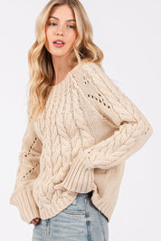 SAGE + FIG Cable-Knit Long Sleeve Sweater Natural | Sweaters Daverri Fashions