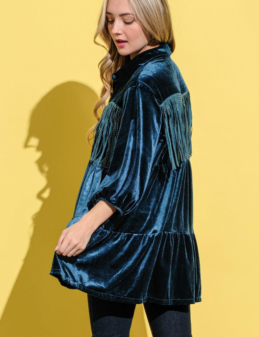 And The Why Fringe Detailed Velvet Shirt Dress | Daverri Fashions