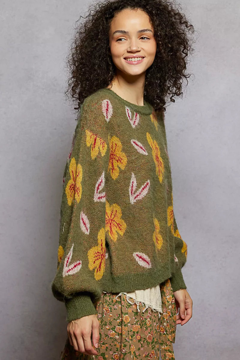 POL Floral Pattern Round Neck Balloon Sleeve Sweater | Sweaters Daverri Fashions