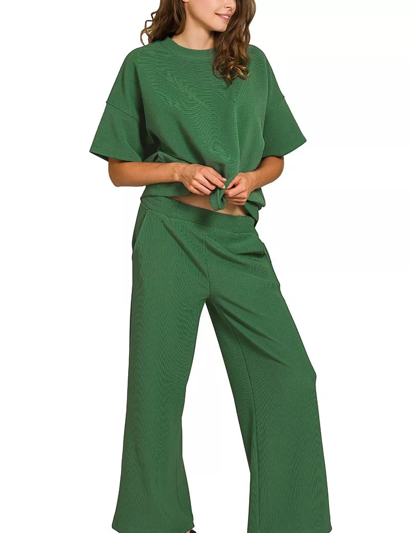 Zenana Ribbed Round Neck Tee & Pants Set | Loungewear Sets Daverri Fashions