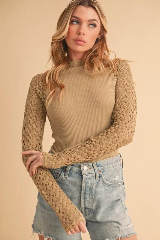 Tan Aemi+Co Mock Neck Ribbed Knit Top with Crochet Sleeve | Tops Daverri Fashions