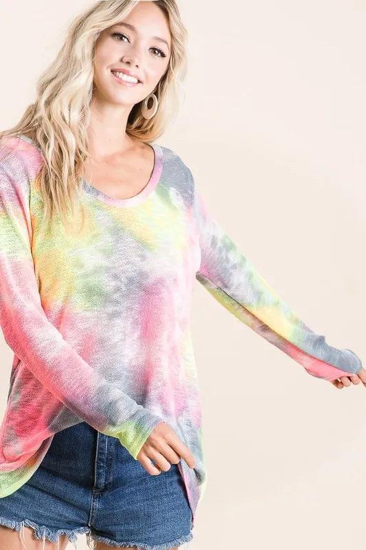 BiBi Tie Dye Print Low Gauge Knit Top | Knit Tops Daverri Fashions