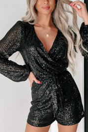Black Sequin Surplice Long Sleeve Romper | Rompers Daverri Fashions