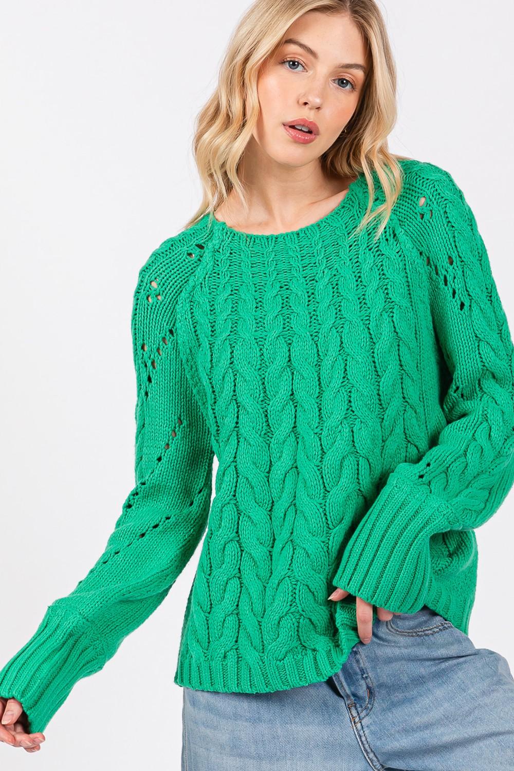 SAGE + FIG Cable-Knit Long Sleeve Sweater Green | Sweaters Daverri Fashions
