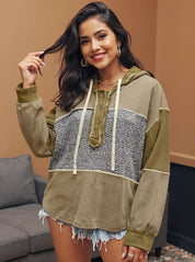 Mixed Texture Patchwork Exposed Seam Half Button Hoodie | Hoodies Daverri Fashions