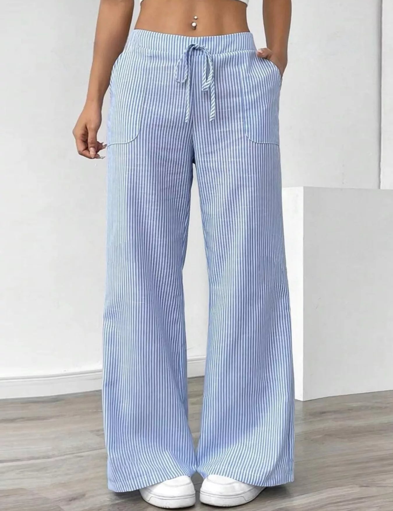 Light Blue Striped Wide Leg Pants | Pants Daverri Fashions