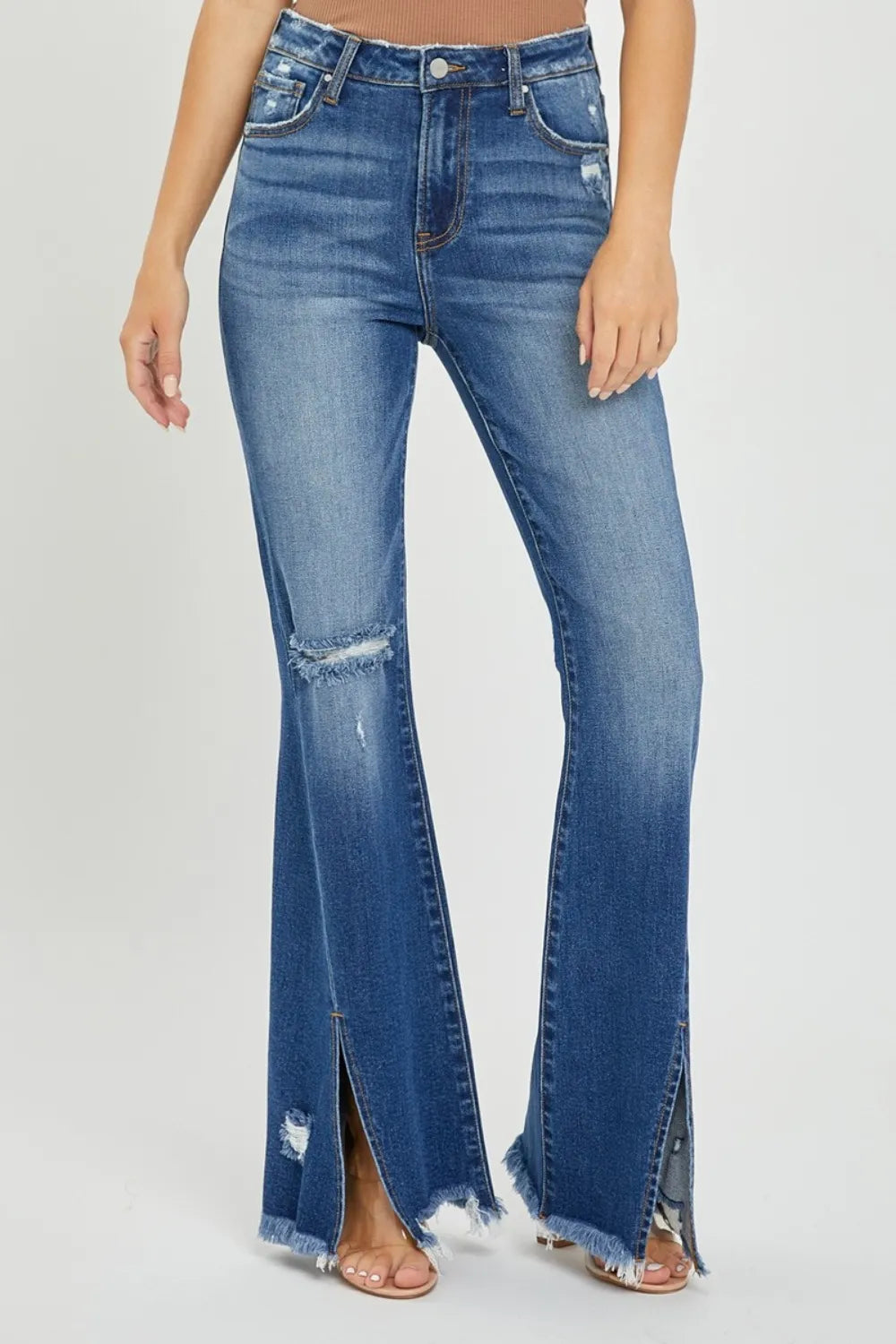 RISEN Full Size High Rise Front Slit Frayed Hem Flare Jeans | Jeans Daverri Fashions
