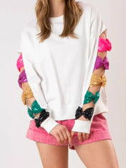 Sequin Bow Cutout Round Neck Sweatshirt | Sweatshirts Daverri Fashions
