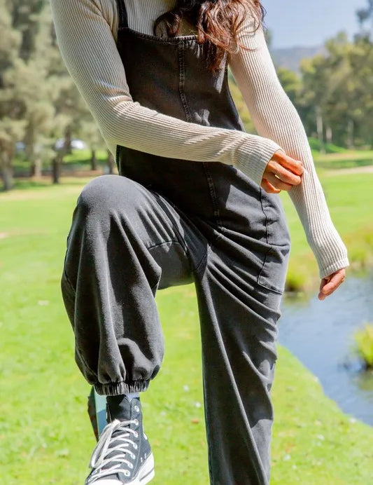 Mono B Drawstring Waist Spaghetti Strap Overalls with Pockets | Daverri Fashions