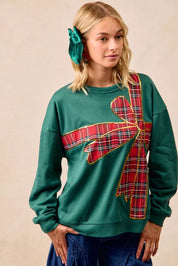 BiBi Plaid Ribbon Bow Detail Christmas Fleece Pullover | Sweatshirts Daverri Fashions