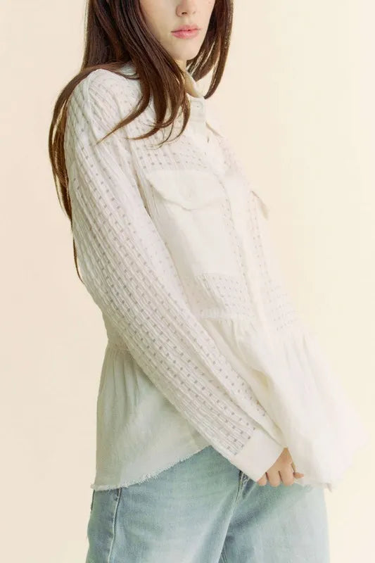 Davi & Dani Garment Washed Jacquard Button Front Shirt | Shirts Daverri Fashions