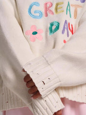 Embroidered 'Great Day' Dropped Shoulder Sweater | Sweaters Daverri Fashions