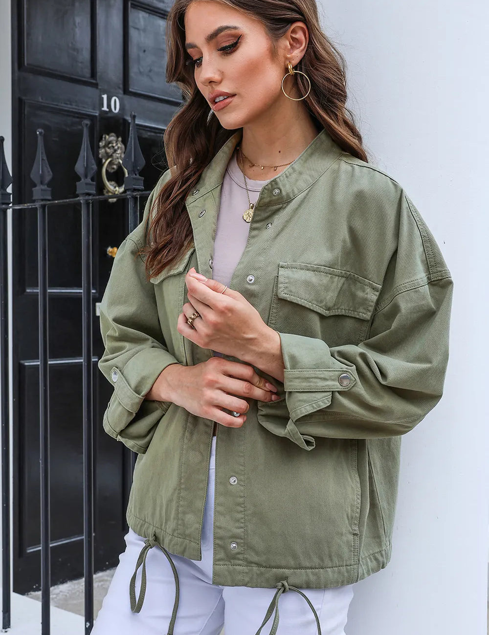 Drawstring Snap Down Dropped Shoulder Denim Jacket | Denim Jackets Daverri Fashions