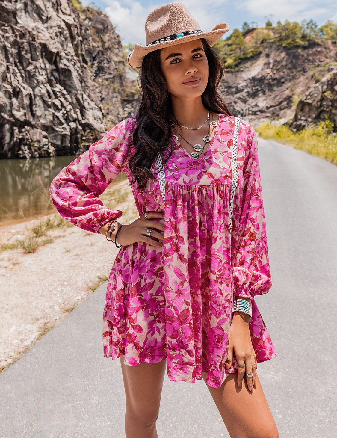 Long Sleeve V-Neck Mini Dress | Dresses Daverri Fashions