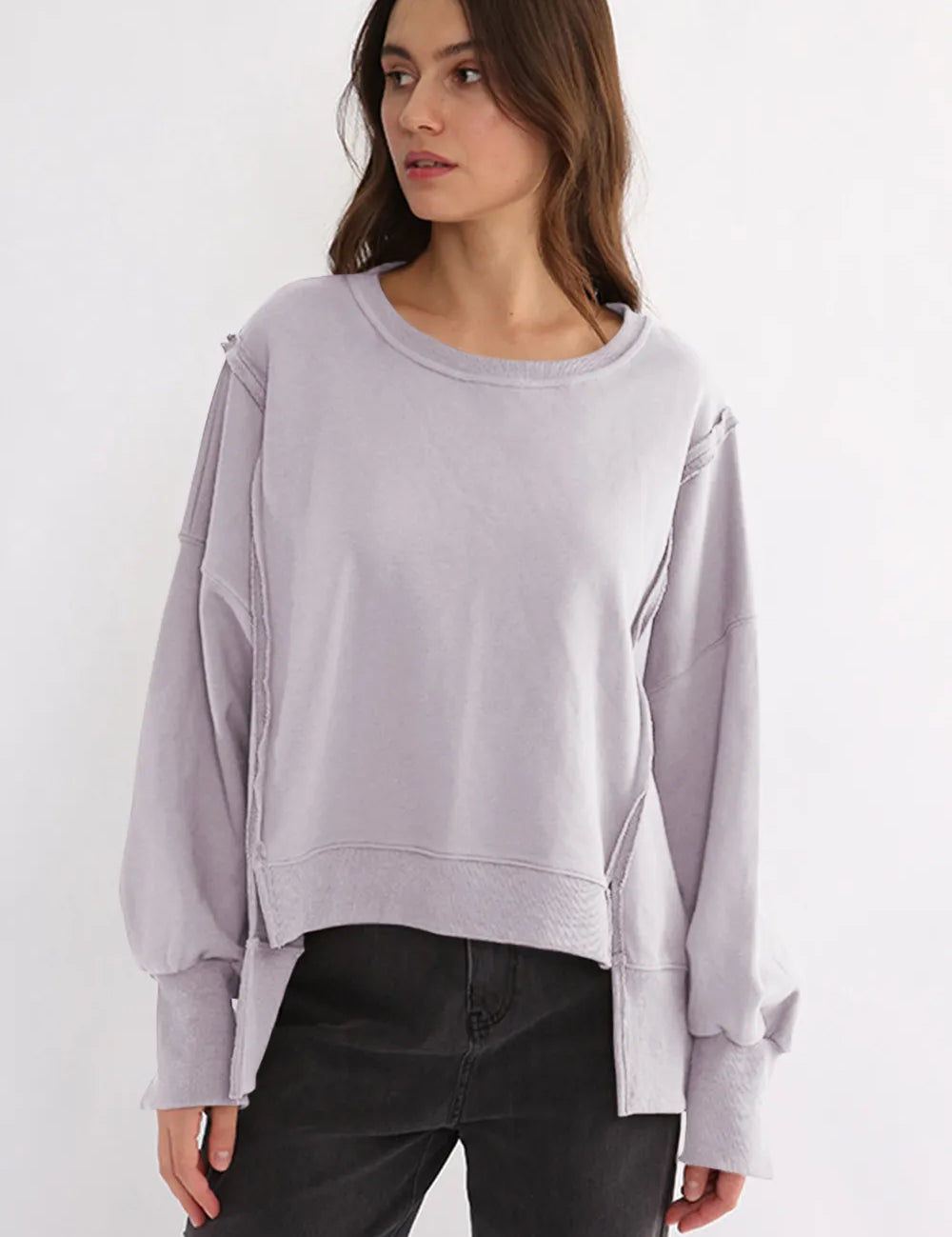 Pink Purple One Size Exposed Seam High-Low Long Sleeve Sweatshirt | Daverri Fashions