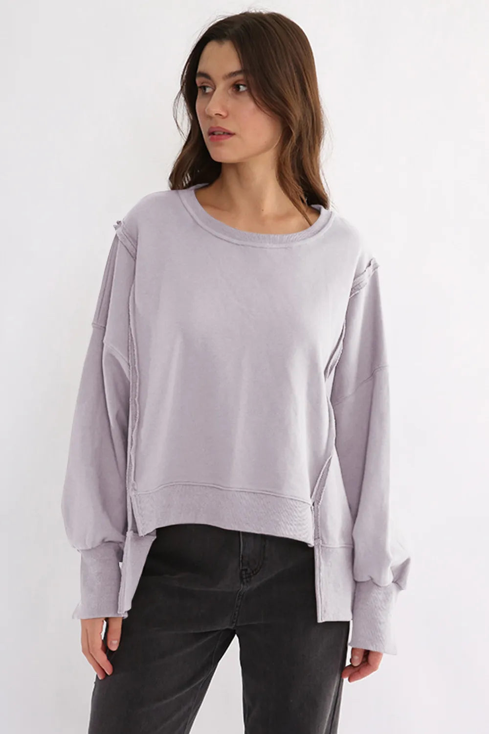 Pink Purple One Size Exposed Seam High-Low Long Sleeve Sweatshirt | Daverri Fashions