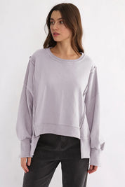 Pink Purple One Size Exposed Seam High-Low Long Sleeve Sweatshirt | Daverri Fashions