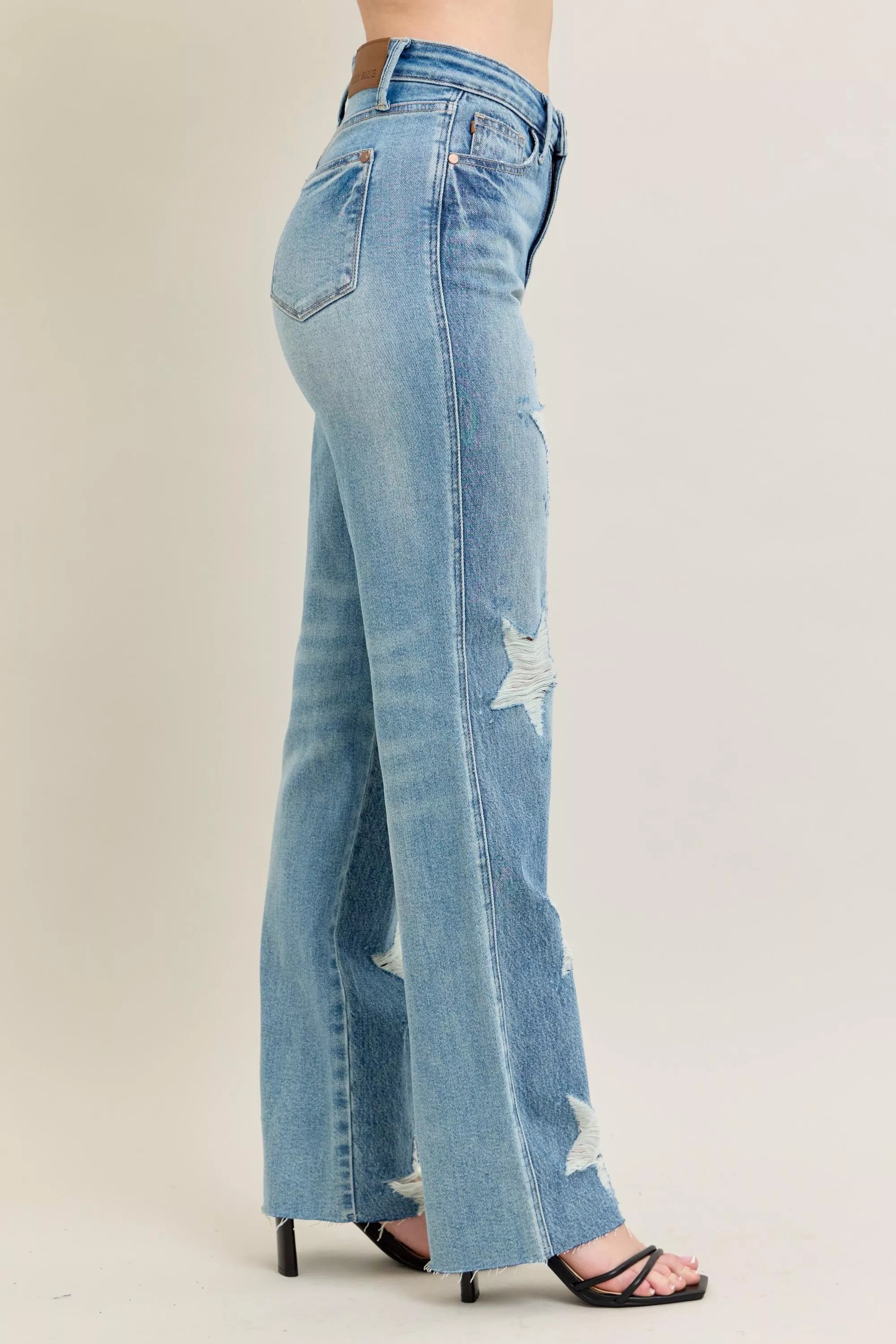 Judy Blue Full Size High Waist Rigid Magic Star Shaped Destroy 90's Straight Jeans Plus Size | Jeans Daverri Fashions