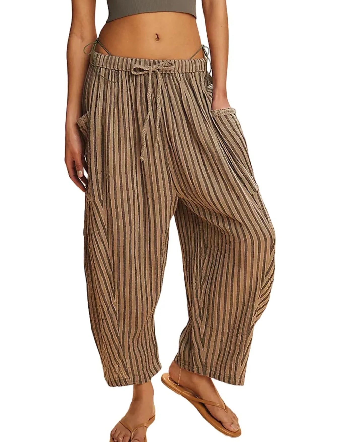 Taupe Full Size Striped Wide Leg Casual Pants Plus Size | Pants Daverri Fashions