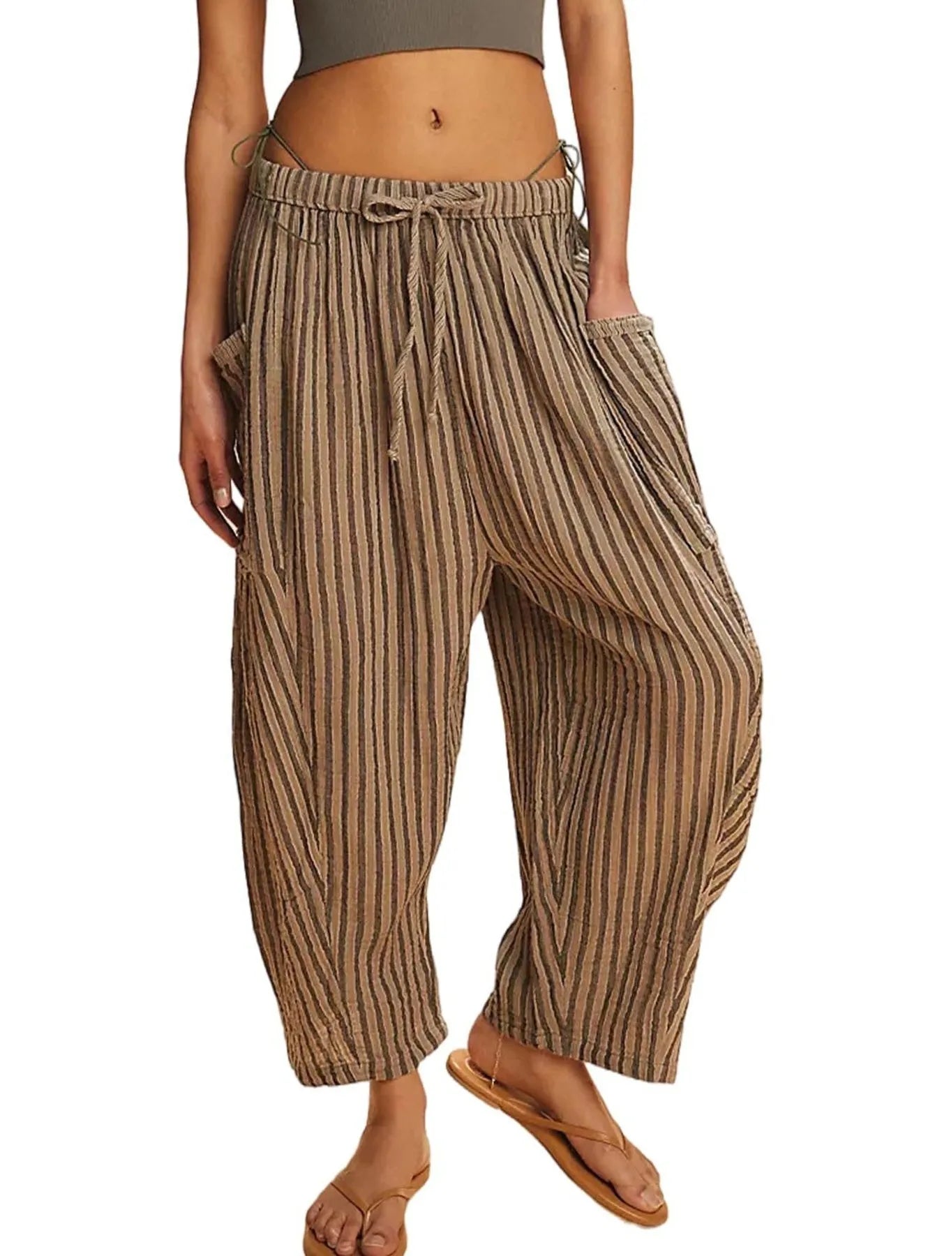 Taupe Full Size Striped Wide Leg Casual Pants Plus Size | Pants Daverri Fashions