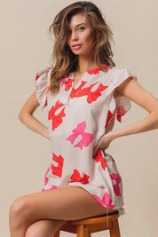 BiBi Bow Printed Woven Ruffled Sleeves V Neck Top | Tops Daverri Fashions