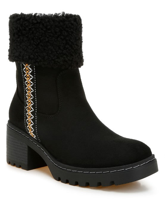 Black Woolly Faux Fur & Embroidery Detail Boots | Boots Daverri Fashions