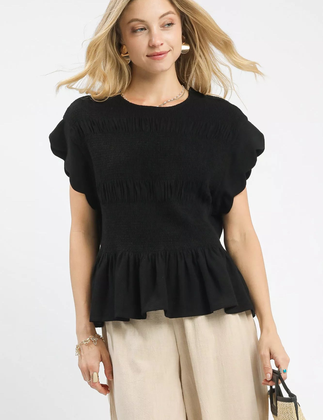 Black Umgee Linen Blend Smocked Peplum Blouse | Blouses Daverri Fashions