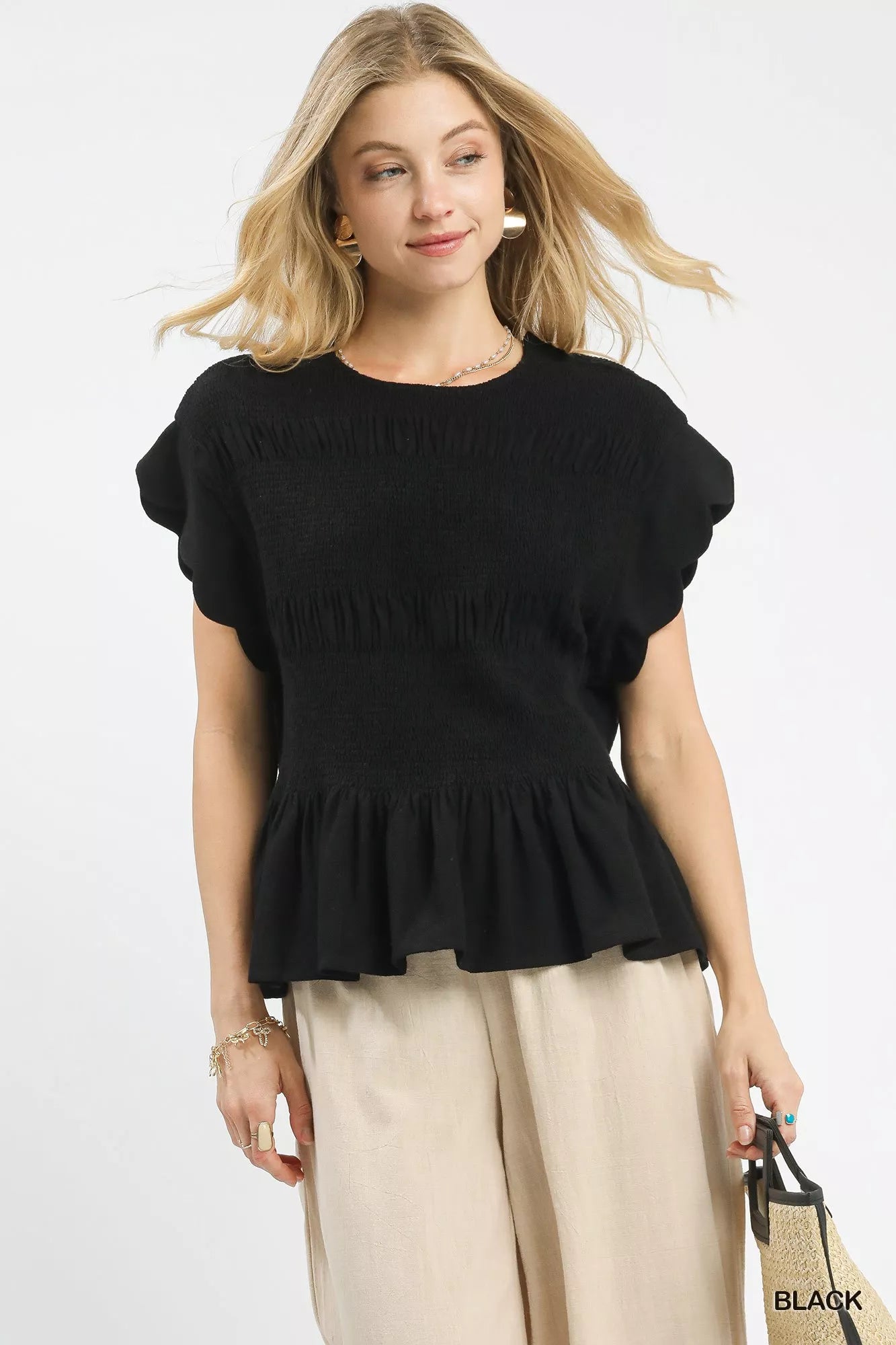 Black Umgee Linen Blend Smocked Peplum Blouse | Blouses Daverri Fashions