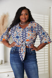 Tie Hem V-Neck Three-Quarter Sleeve Blouse | Daverri Fashions
