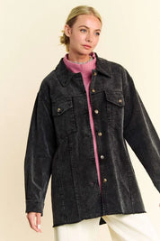 Davi & Dani Washed Corduroy Raw Hem Button Up Jacket | Daverri Fashions