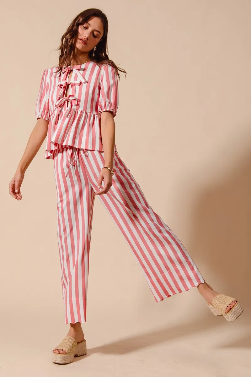 SO ME Front Tie Stripe Top With Puff Sleeves and Wide Leg Pants Set | Outfit Sets Daverri Fashions