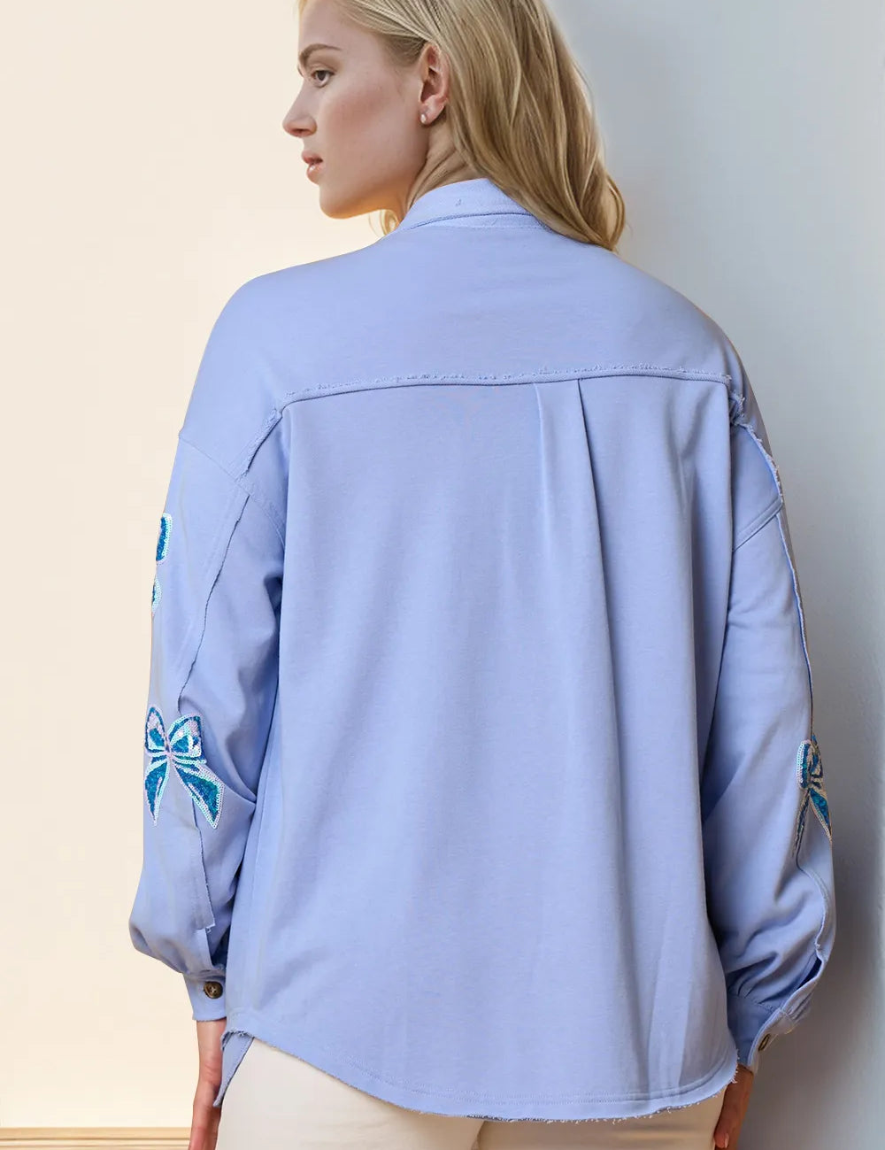 Double Take Full Size Sequin Bow Button Up Shacket | Shackets Daverri Fashions