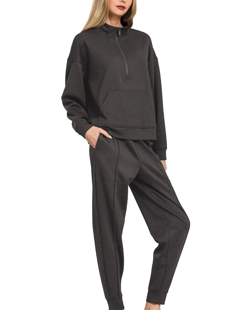 Zenana Scuba Half Zip Sweatshirt and Joggers Set | Loungewear Sets Daverri Fashions