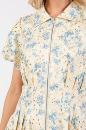 GeeGee Floral Eyelet Zipper Front Puff Sleeve Mini Dress | Daverri Fashions