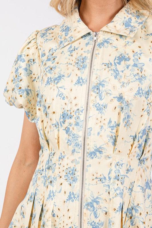 GeeGee Floral Eyelet Zipper Front Puff Sleeve Mini Dress | Daverri Fashions