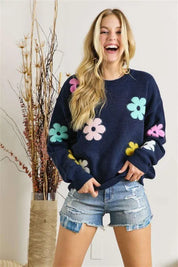 NAVY ADORA Flower Popped Sweater Plus Size | Sweaters Daverri Fashions