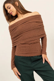 HYFVE Fuzzy Off Shoulder Textured Knit Top | Knit Tops Daverri Fashions