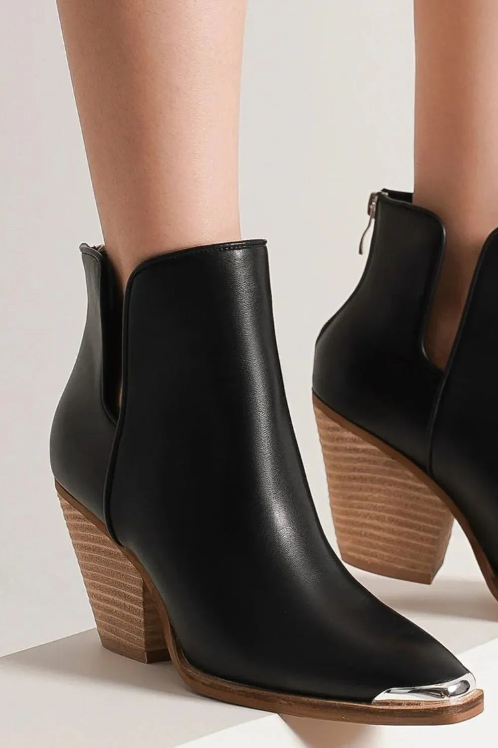 Beast Fashion Pointed Metal-Tip Toe Block Heel Ankle Boots | Boots Daverri Fashions