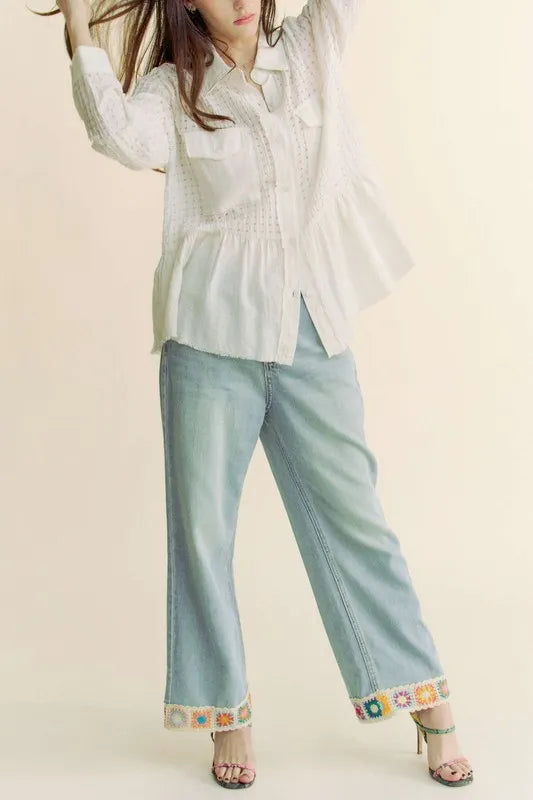 Davi & Dani Garment Washed Jacquard Button Front Shirt | Shirts Daverri Fashions