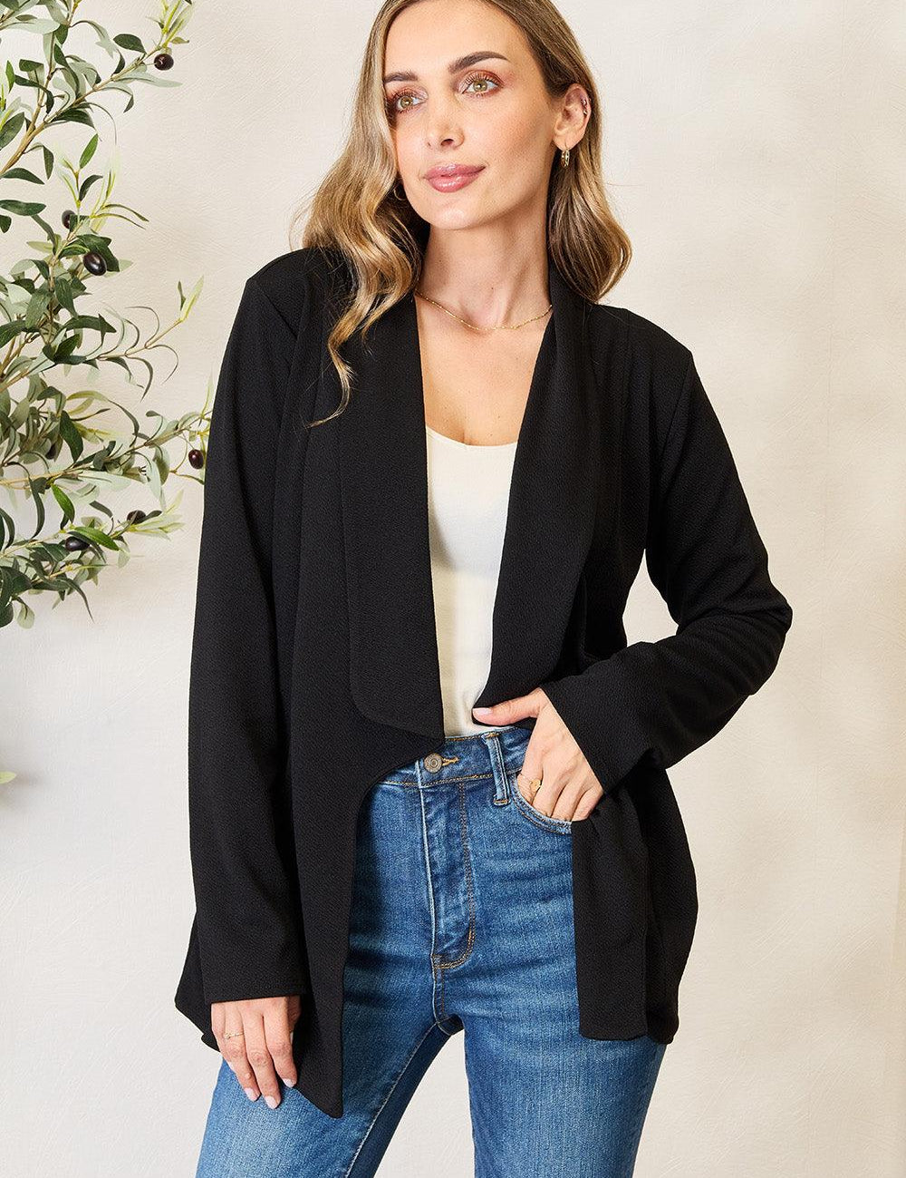 Black M Heimish Full Size Open Front Long Sleeve Blazer | Daverri Fashions