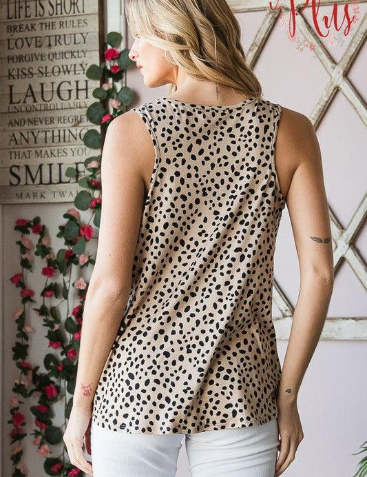 Heimish Full Size Front Button Animal Print Sleeveless Top Plus Size | Tops Daverri Fashions