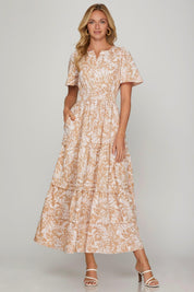 Apricot S She + Sky Printed Notched Woven Tiered Pintuck Maxi Dress with Side Pockets | Daverri Fashions