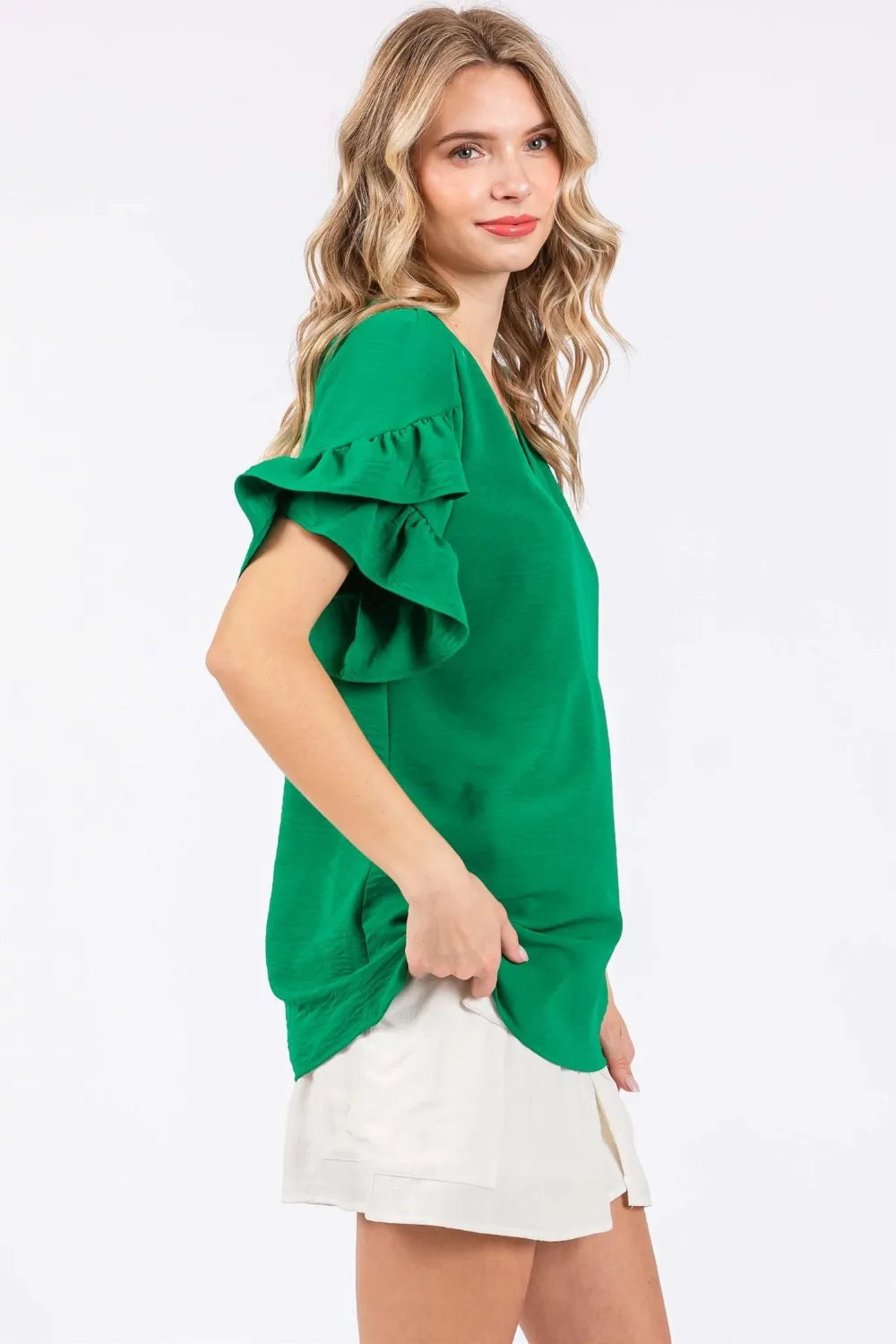 GeeGee Ruffled Short Sleeve V-Neck Blouse | Daverri Fashions