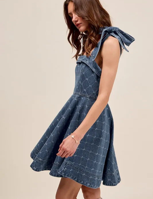 SO ME A Line Fit and Flare Diamond Bow Ribbon Denim Dres | Mini Dresses Daverri Fashions