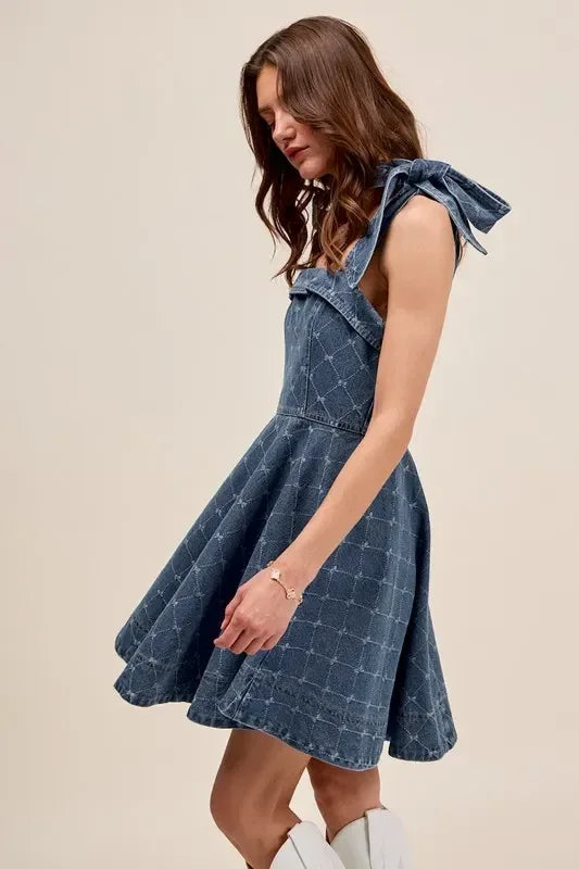 SO ME A Line Fit and Flare Diamond Bow Ribbon Denim Dres - DAVERRI FASHIONS