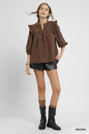 Umgee Bow Print Corduroy Puff Sleeve Blouse with Ruffled | Blouses Daverri Fashions